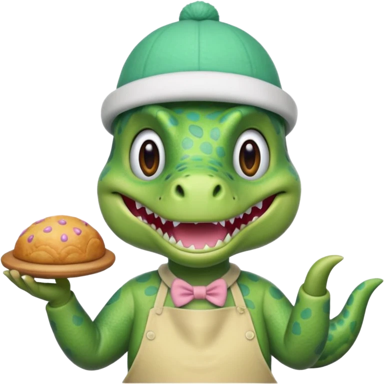 quiero un dinosaurio divertido con delantal y gorro de pastelero y en la mano un pastel emoji
