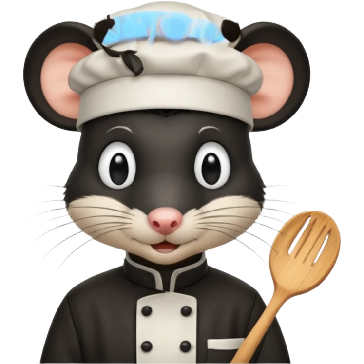 A rat with a fringe, long black hair and chefs hat emoji