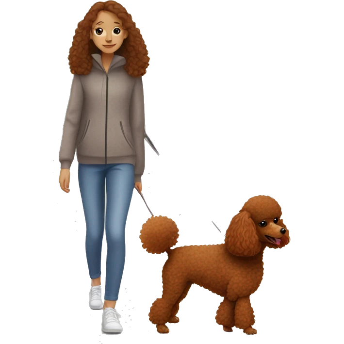 Red toy poodle with a girl with brown hair on the walk emoji