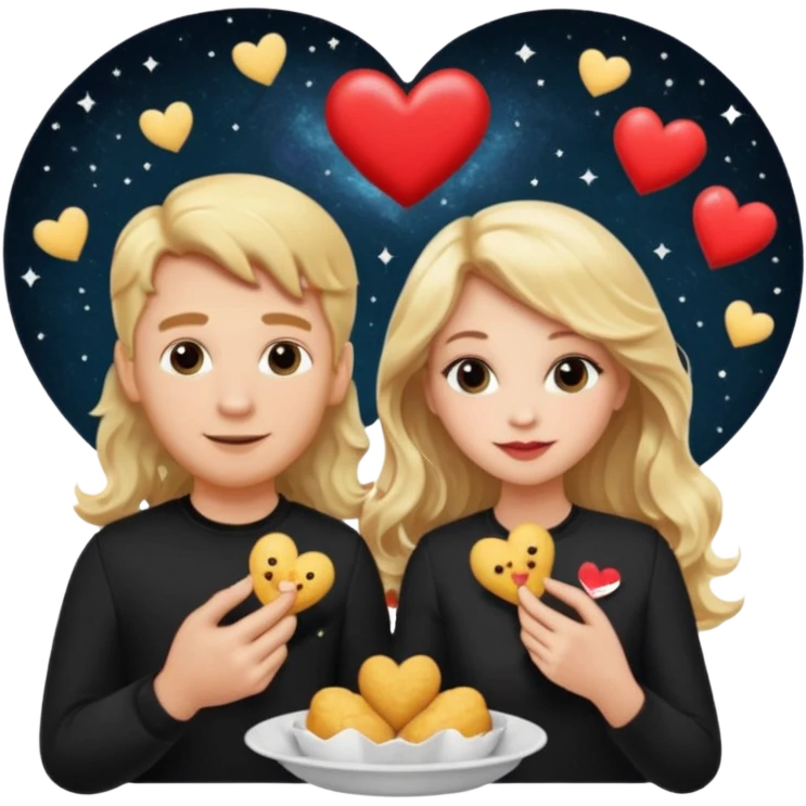 Couple with blonde hair wearing black eating chick filet hearts and outer space in the background. The girl has long wavy hair . emoji