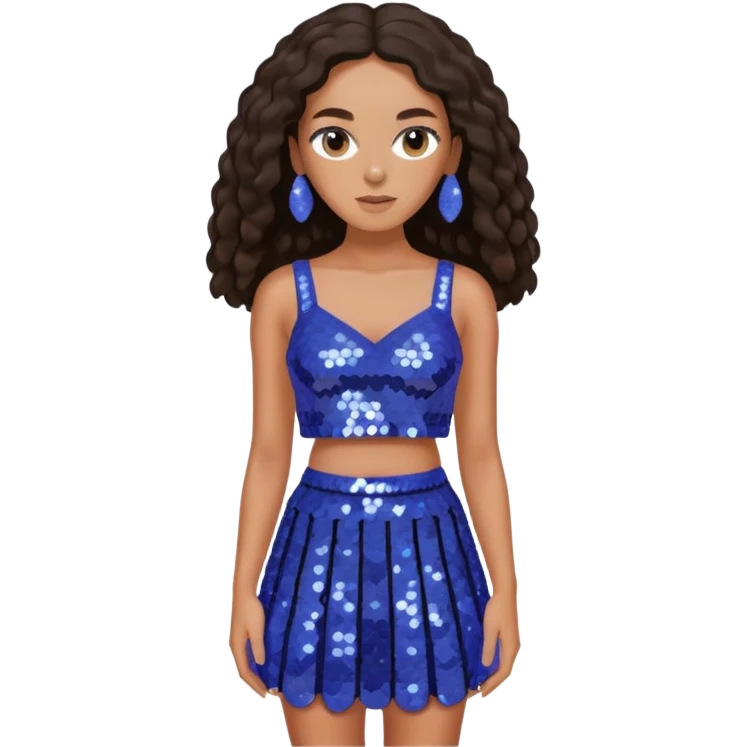 Solange with dark brown long hair, periwinkle sequin crop top and skirt emoji