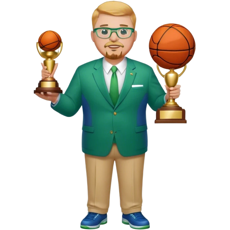 Full Body white fat male  wearing glasses with a goatee with strawberry blond very short hair basketball head Coach in blue and green suit holding trophy emoji
