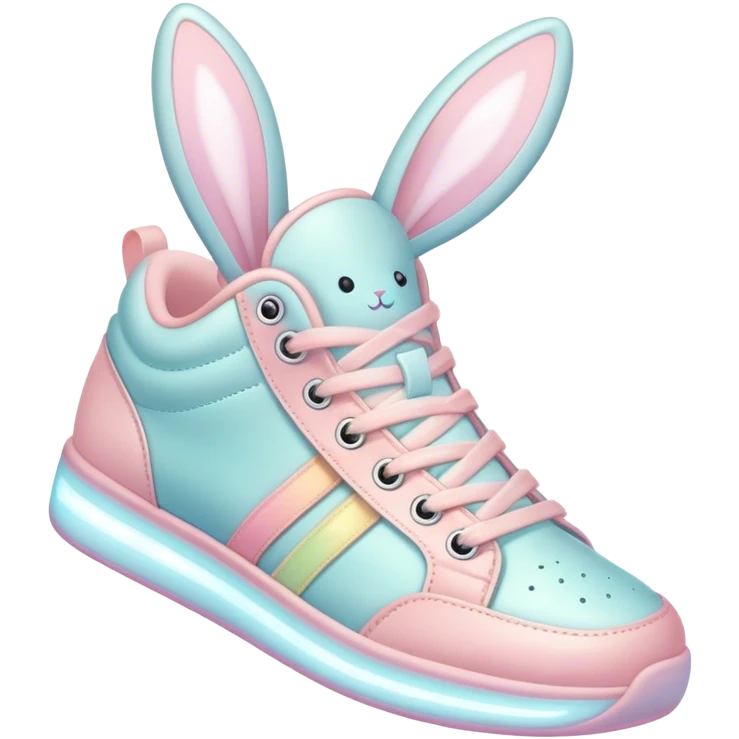 Cute Kawaii Shoe, small and bouncy, soft pastel sneakers with glowing highlights, cute sparkling eyes, a happy cheerful expression, laces tied like bunny ears! emoji