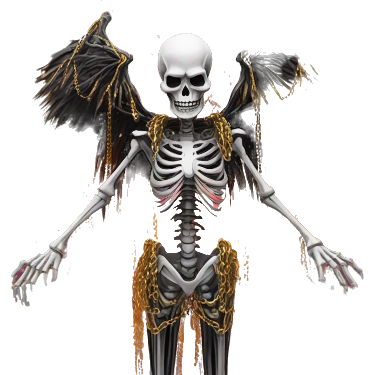 White skeleton zombie person covered in golden chains and black graffiti scribbles and red and silver doodles wings made of neon lightning snowing snowflakes emoji