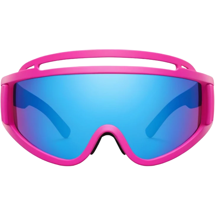 sporty neon hot pink shield visor sunglasses with extra thick frame and integrated strap, heavy-duty build, one-piece mirrored lens with blue reflection emoji