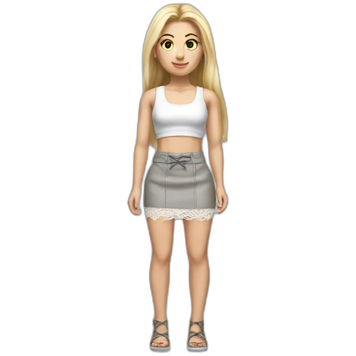 hyperrealistic caucasian female, long straight blonde hair, grey mini pencil skirt, white lace up crop tanktop emoji