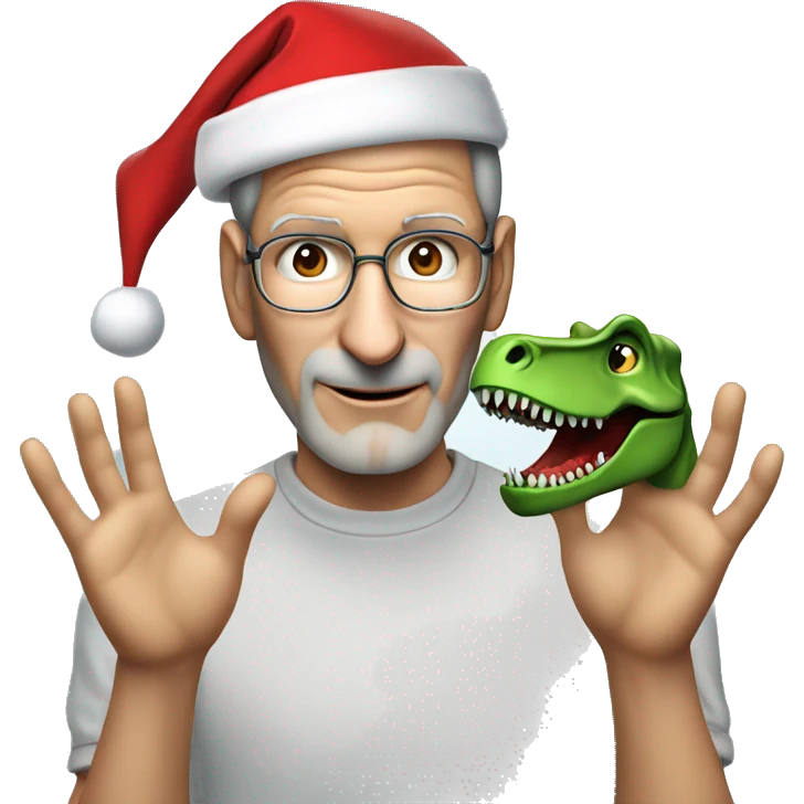 Steve Jobs with a Santa hat and dinosaur’s hands emoji