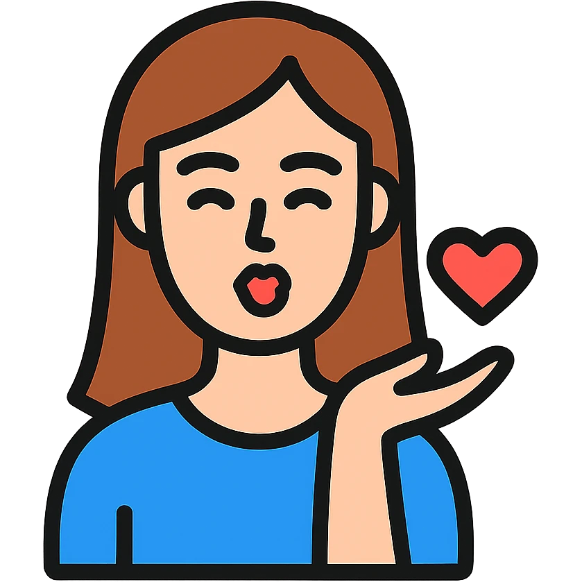 icon of a fair-skinned woman with straight, chestnut hair sending a kiss to the viewer, clean lines, minimal and clear design emoji
