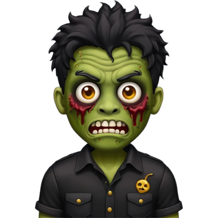 Emoji masculino de zumbi estilo iPhone,com cabelo ondulado grande e preto, camisa preta e brincos emoji
