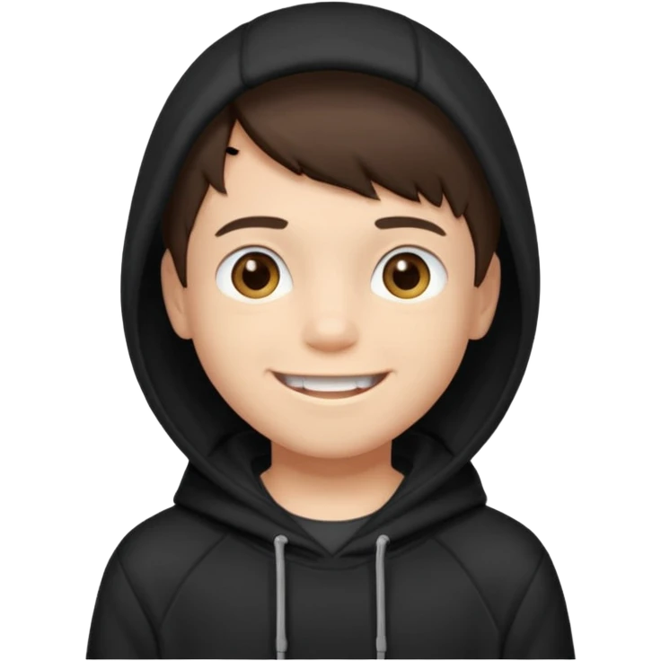 A brunette boy, short straight hair, light brown eyes, with a black sweatshirt with a hoodie, and smile without teeth  emoji