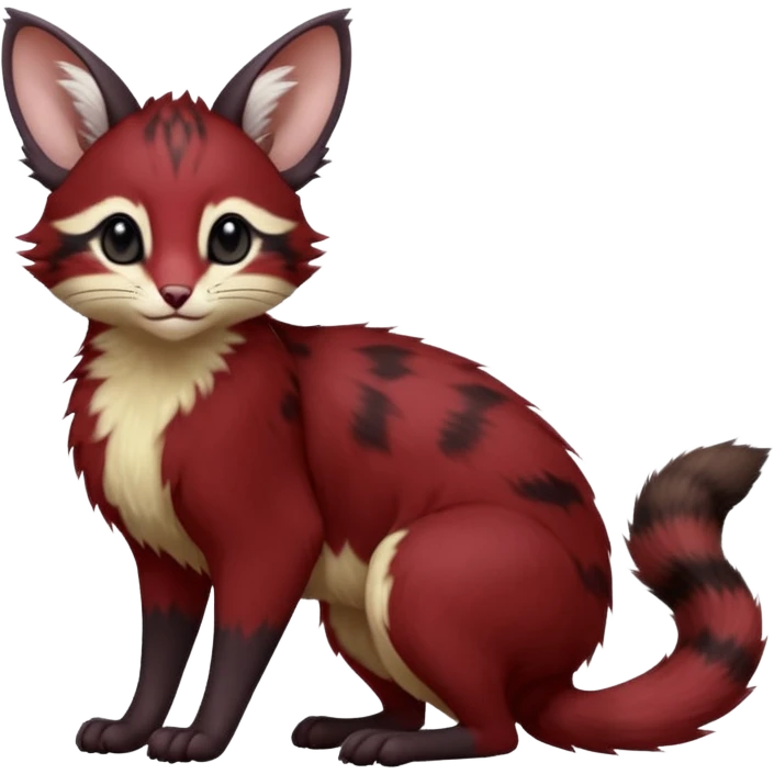 Maroon-Red, black-pointed, soft natural realistic romantic vintage antique divine beautiful elegant pretty precious cute young youthful  Fakémon-Pokémon-opossum-feline-mouse-serval-caracal-chinchilla-Minccino-Cinccino-Meowstic-rodent-hybrid-creature with a big fluffy bushy tail (full body) emoji