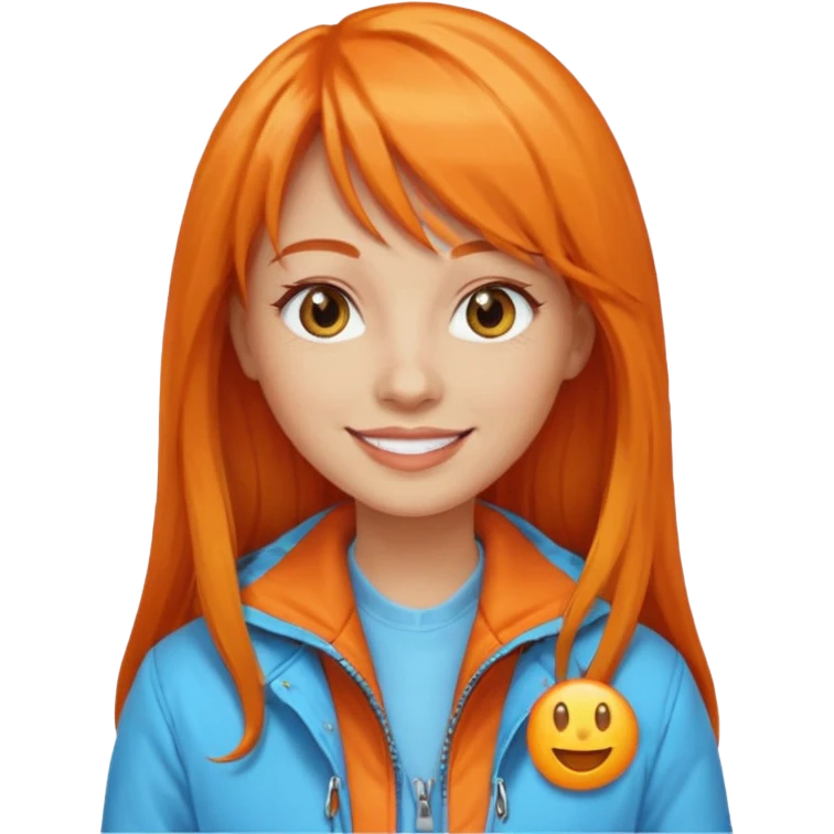 Create a custom emoji-style character inspired by a smiling woman with long orange hair and bangs, light skin tone, light blue eyes, and wearing an orange jacket emoji