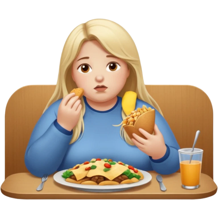 Девушка со светлыми длинными волосами толстая сидит грустная за столом и ест много еды emoji