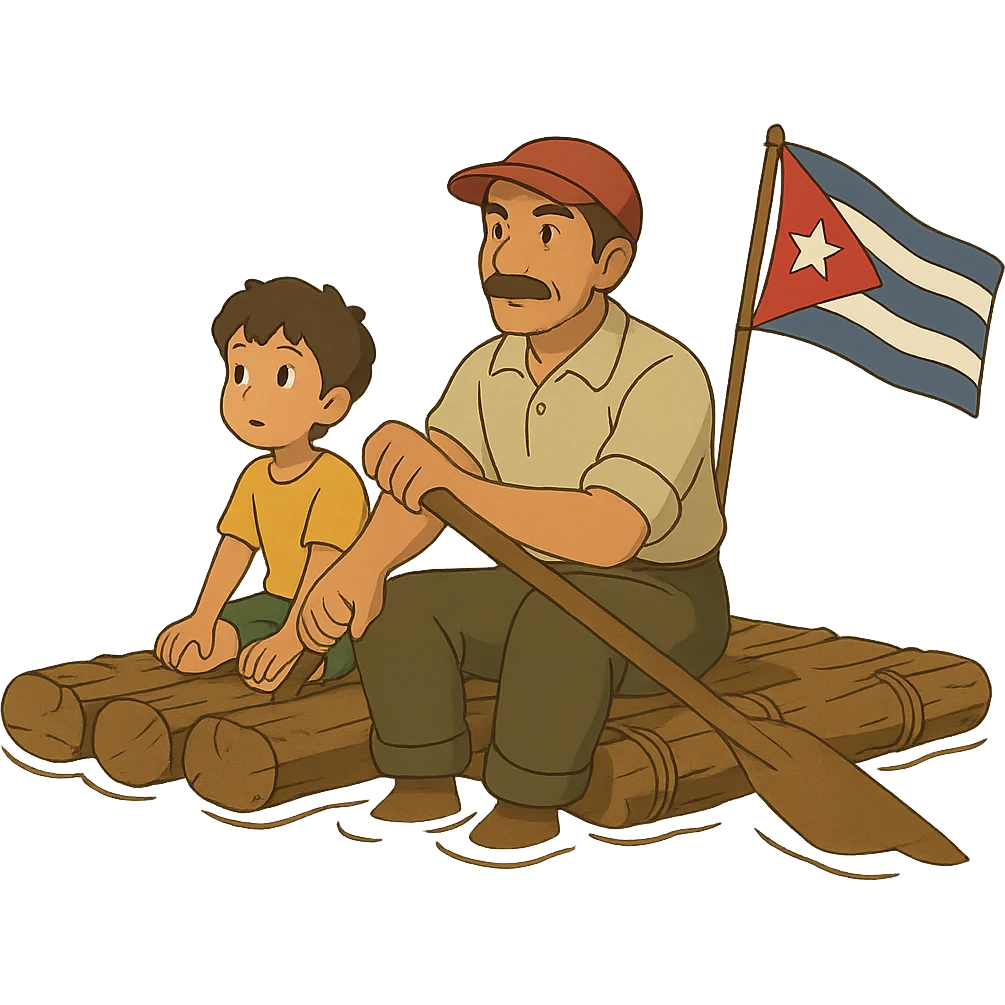 ghibli style Cuban boy and dad on a homemade raft leaving Cuba emoji