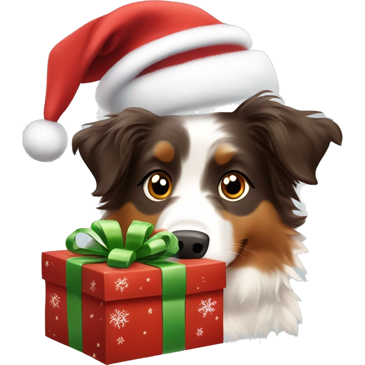 Red tri Australian Shepherd opening a Christmas present ￼ emoji