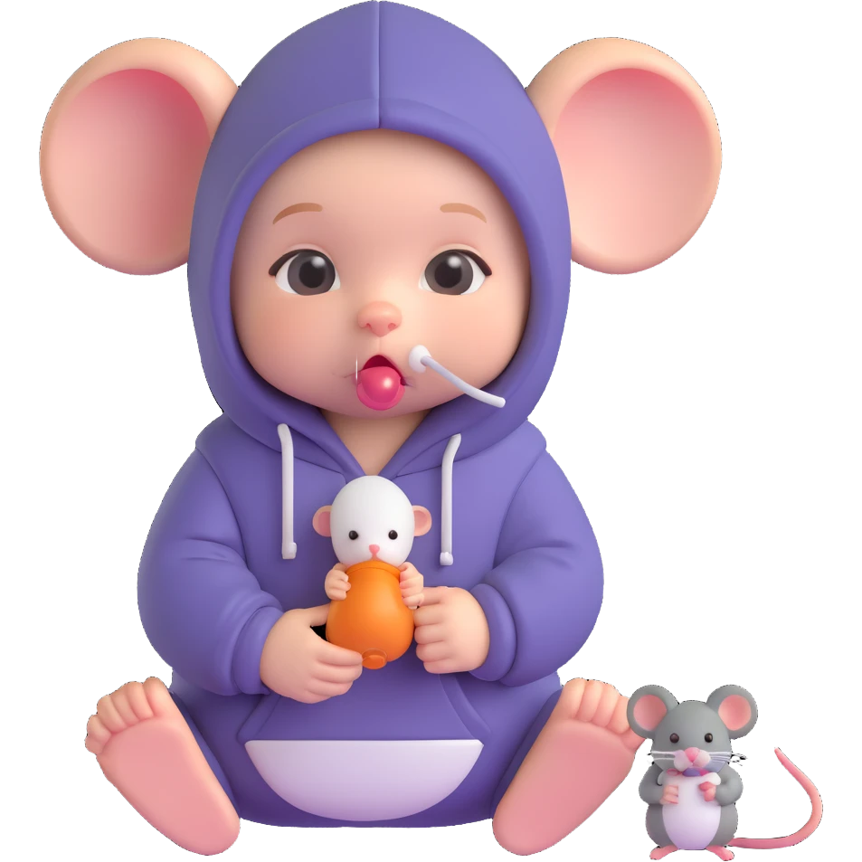 a baby with a pacifier and a hoodie, holding a mouse, looking curious and smart emoji