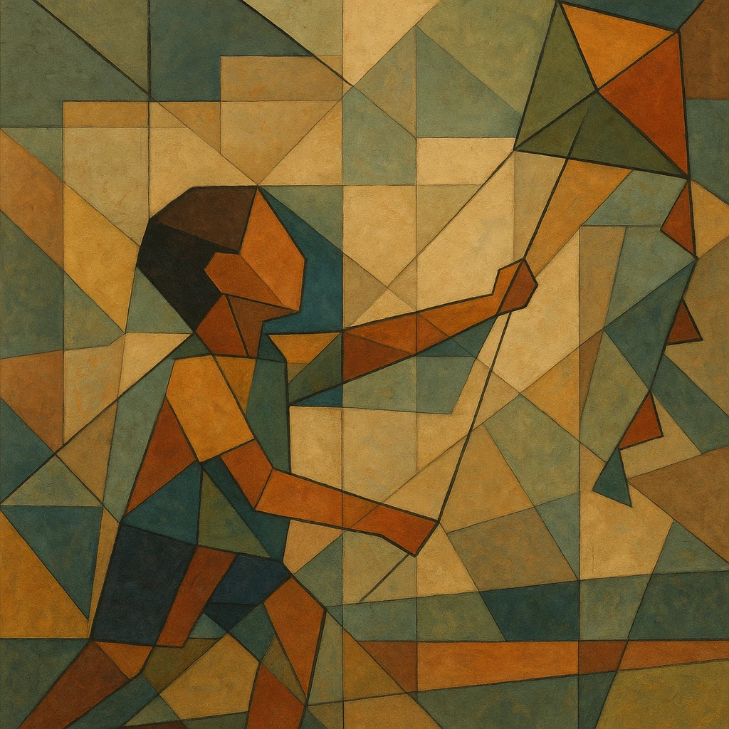Child flying a kite, arm and string abstracted in linear tension.
 emoji