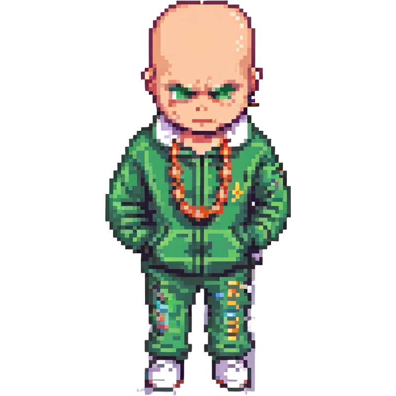 Pixel art thug in tracksuit, holding chain, bald head, angry expression, side view, retro arcade sprite
+ add the indicator to it "2020000" emoji
