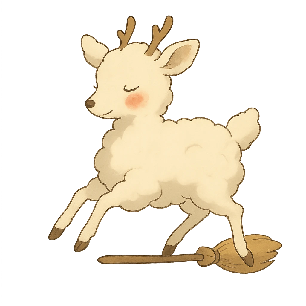 soft vanilla cloud doe with rosy cheeks, floating gracefully like a witch, Ghibli style emoji