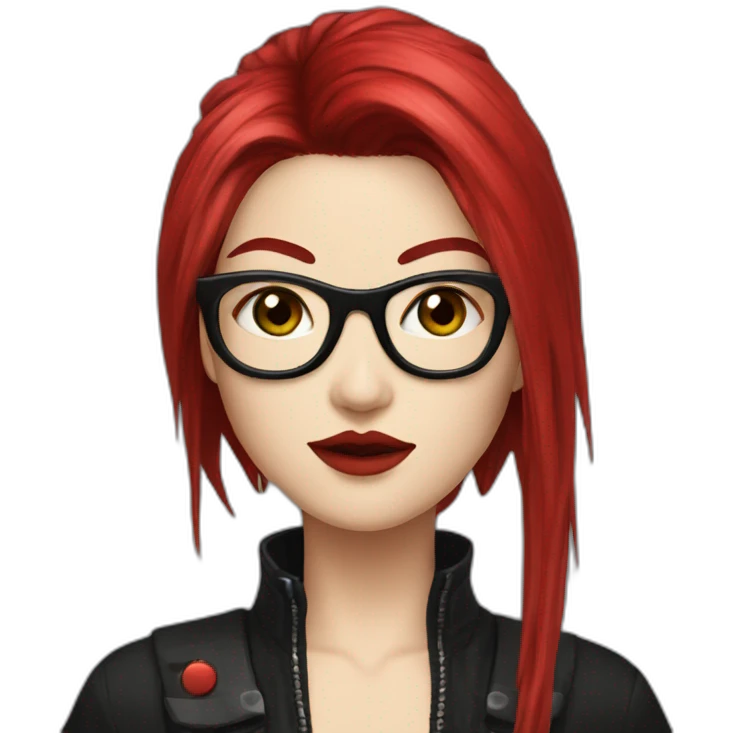 A Japanese Woman With Long Spiky Black And Red Hair And Red Make Up. Green Eyes. Punk. Glasses.  emoji