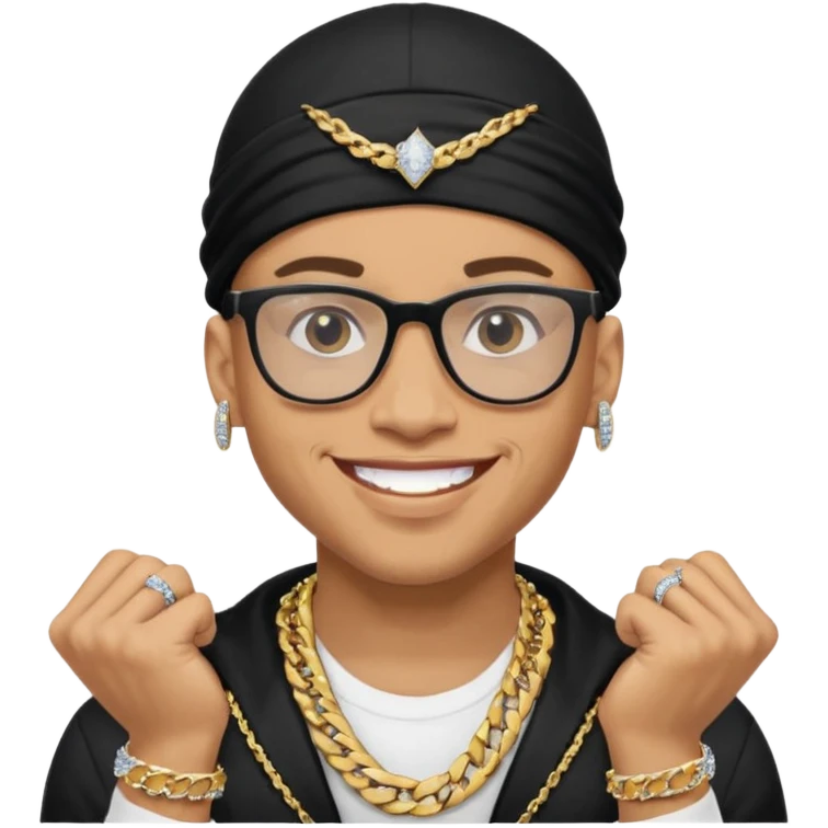 lightskin man with a black durag,a cuban link chain,glasses, and smiling flexing diamond studded grillz  emoji