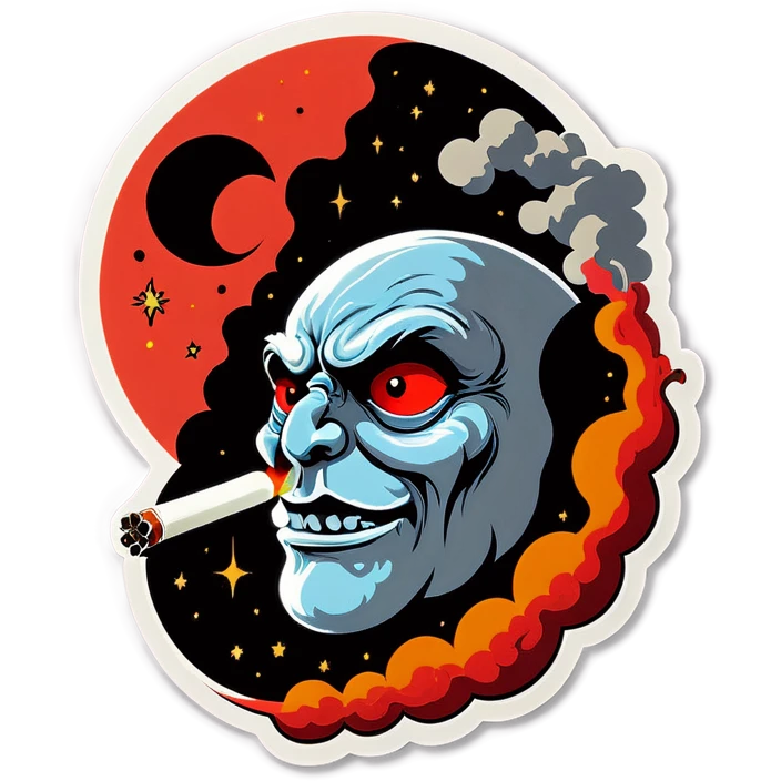 Moon with red eyes smoking joint emoji