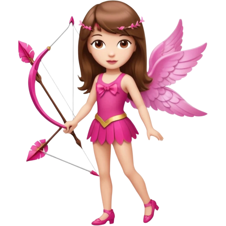 Hada de piel clara cupido pequeña  de cabello largo lacio castaño con flequillo y ojos cafés  vestida con algo sensual semitransparente corto color blanco o rojo con 1 arco y una sola flecha que combinen y labios rositas tipo Barbie pero en hada cupido de cuerpo completo de pies a cabeza   emoji