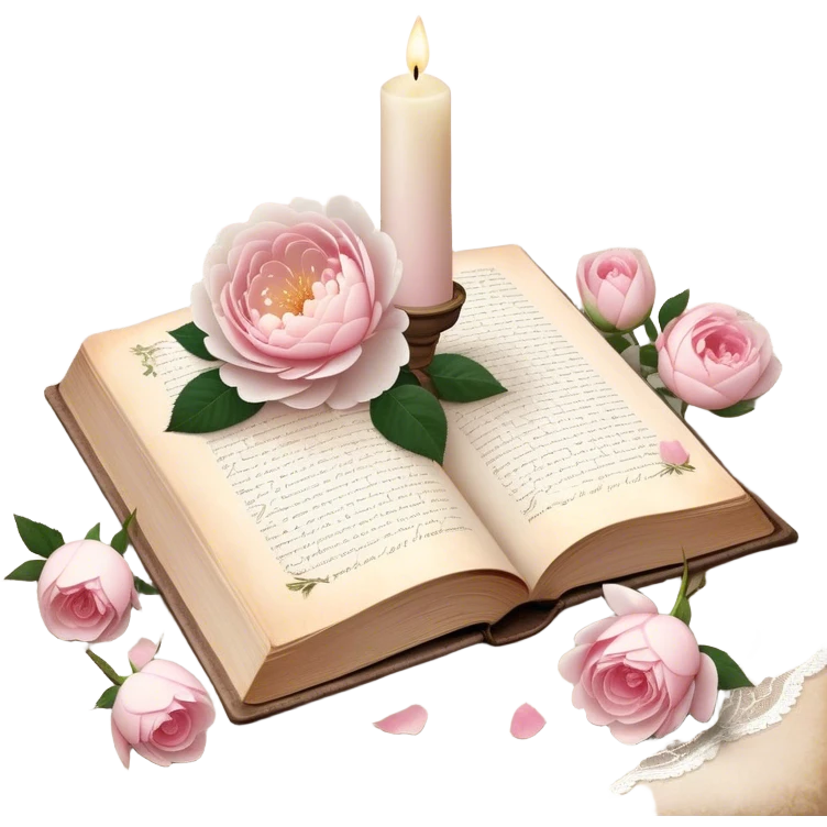 A beautifully aged book of poetry, open beside a softly glowing candle, with scattered blush pink rose petals and white peony blossoms decorating the vintage lace-covered surface.
 emoji