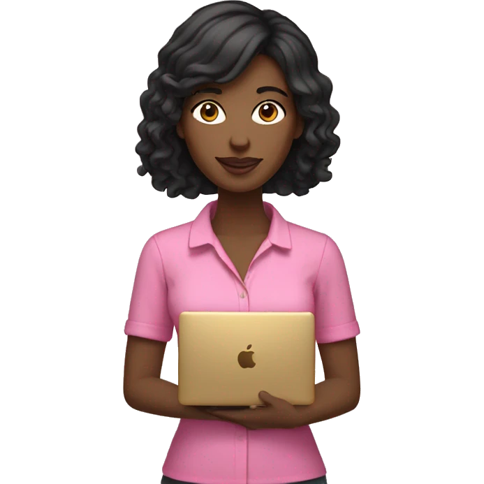 Black hair woman wearing pink shirt holding a gold macbook emoji