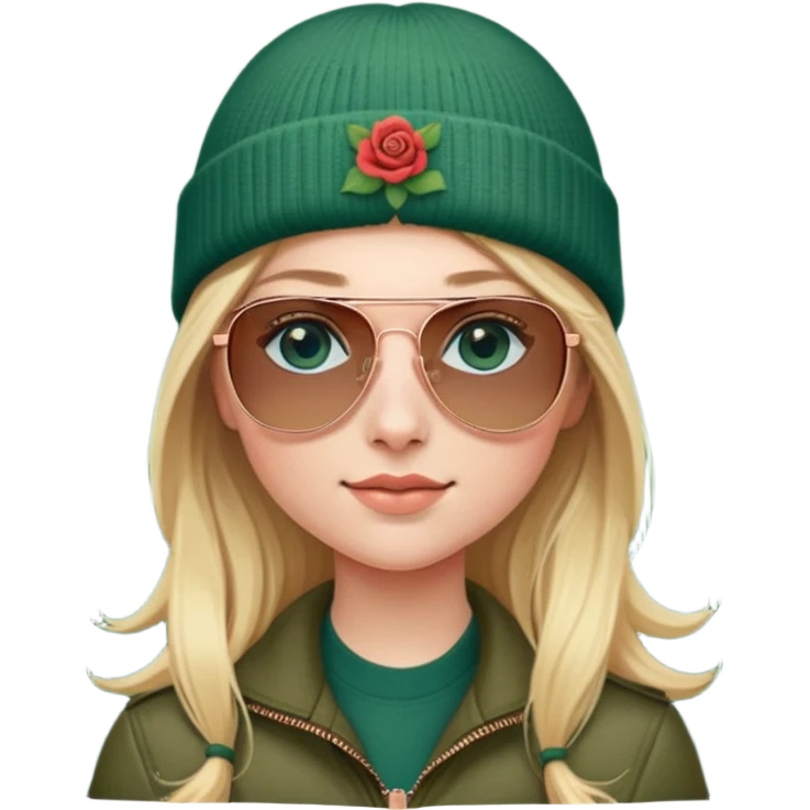 girl with long blond hair
with blue eyes
and aviator sunglasses
wearing beanie
wearing (rose gold apple watch with forest green band) emoji