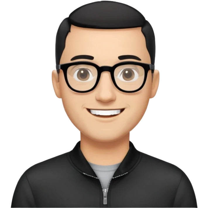 Light-skinned man with black hair in very short almost-buzz cut (minimal length but visible), short graying beard, big black glasses frames, happy smile, black long sleeve shirt with zip at neck emoji