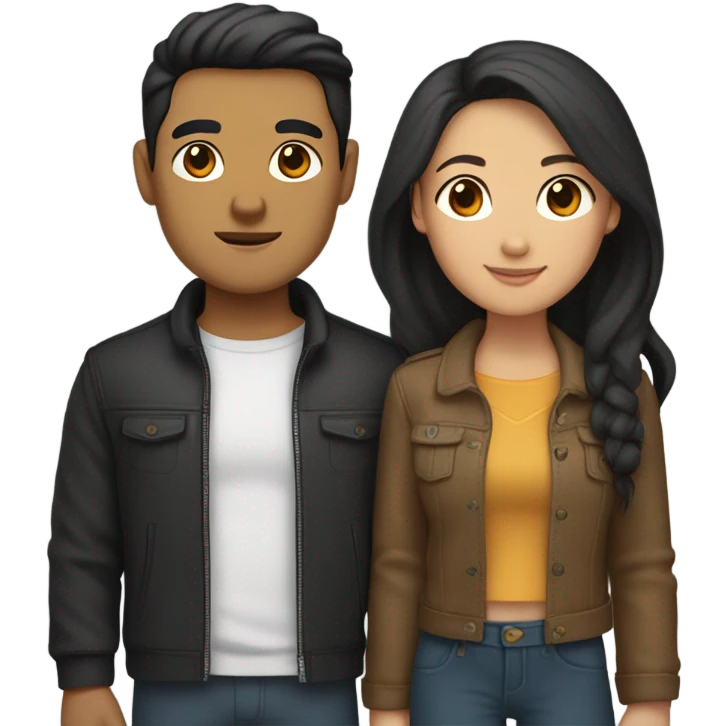 a couple holding hands. the guy has black middle part hair and is Persian and Filipino mix, wearing a jacket. the girl has brown hair white and asian mix, wearing a crop top. emoji