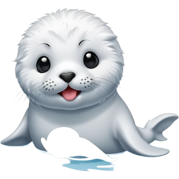 A fluffy, all-white furred, tiny seal having fun in the lake while sticking his tongue out. emoji