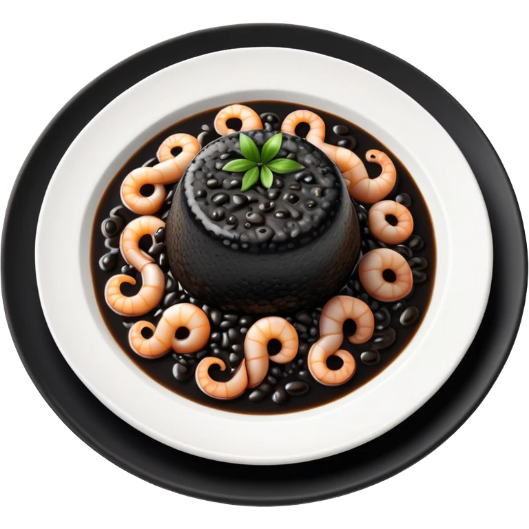 cinematic-realistic-black-risotto-dish-emoji,-showcasing-small squid pieces in black sauce -rendered-with-bold-textures-and-dynamic,-dramatic-lighting in a white plate emoji