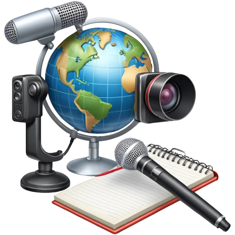 An icon showing a microphone, a notepad, and a camera, symbolizing journalism. The design includes a globe in the background, representing global news, and a breaking news banner for emphasis. Transparent background highlights the dynamic world of media and reporting. emoji