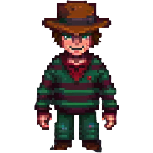 Freddy Krueger in pixel art style, menacing pose, classic striped sweater emoji