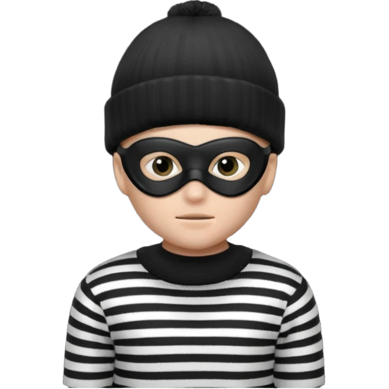 boy emoji with black knit beanie, thin black domino mask, and a black-and-white horizontally striped sweater emoji