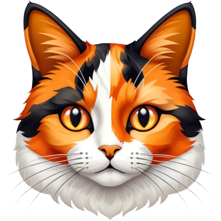 Cinematic Noble Calico Cat Portrait Emoji, Poised and regal, with a striking patchwork fur in vibrant orange, black, and white hues, delicate whiskers and a refined, focused gaze, simplified yet exquisitely detailed, glowing with a soft, moonlit radiance and an air of aristocratic elegance, high shine, exuding dignified intelligence and poised authority, soft glowing outline, capturing the essence of a watchful and noble calico cat that appears ready to grace the screen with effortless majesty! emoji