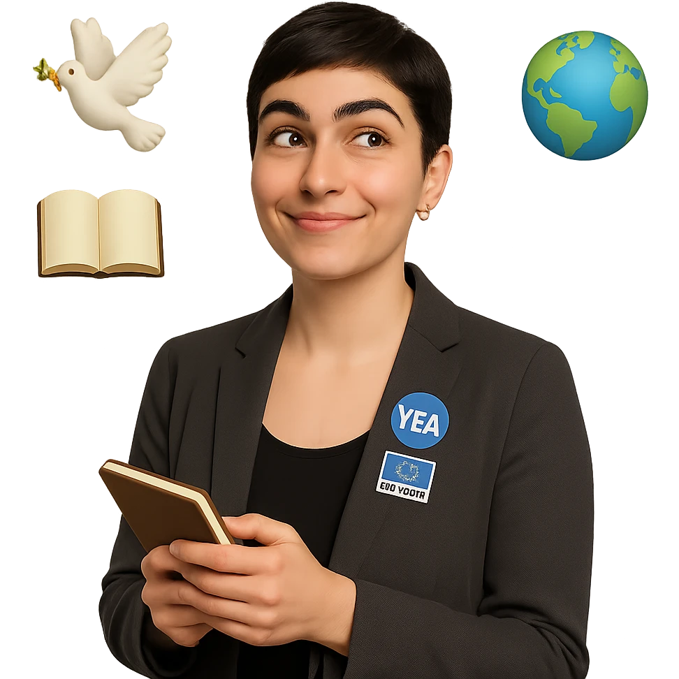 Change the hairstyle to a short haircut while keeping her friendly, thoughtful, and playful expression. She should wear a smart-casual blazer with a YEA or EU4Youth badge. She is holding a notebook or phone. Include the floating symbols: dove, book, and globe. Preserve the transparent background. The style should match the original image's look and feel. emoji