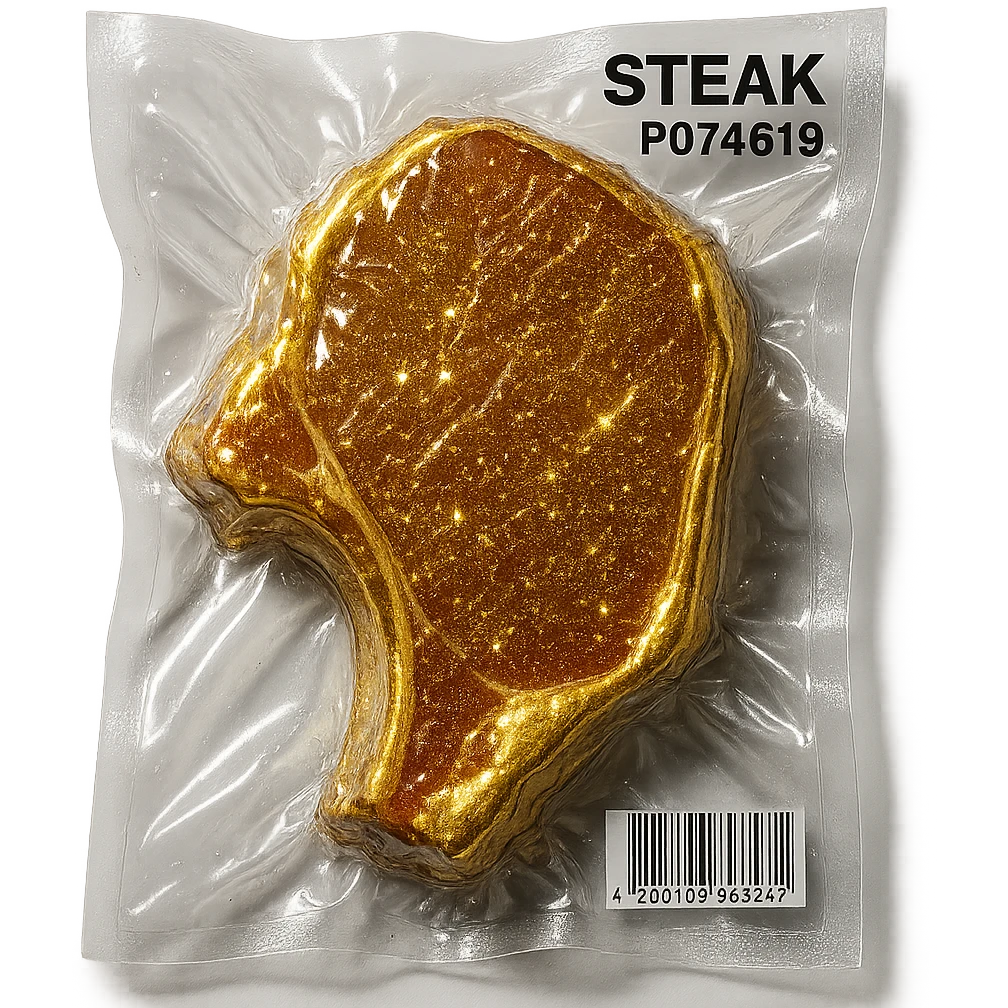 steak with gold sparkles and highlights, shiny and inflated emoji