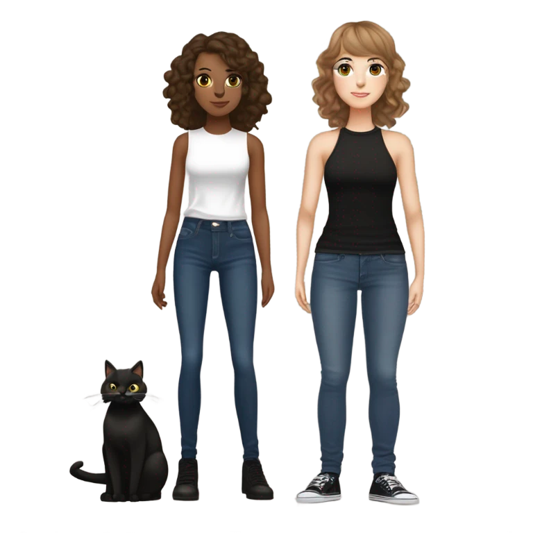tall skinny white brown haired girl with brown eyes wavy hair and curtain bangs wearing dark wash jeans and black high neck tank top and black mary jane heel shoes standing full body and holding fat black cat with white spot on its belly emoji