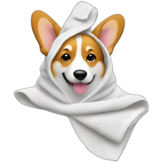 Corgi on the couch with the towel on the head emoji
