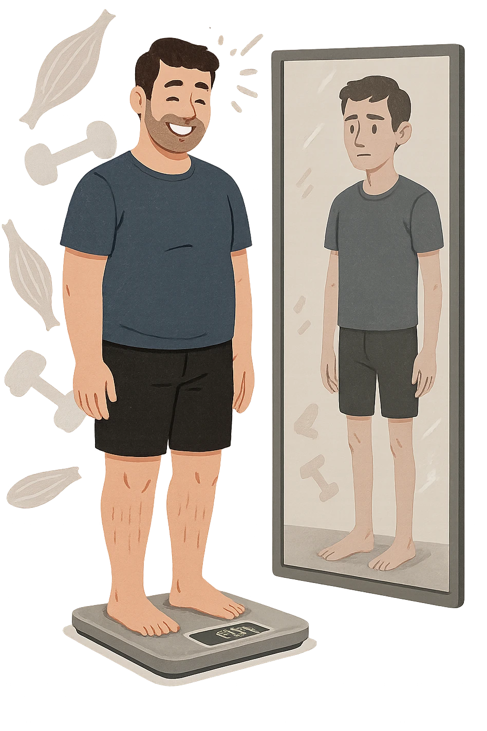 a man stands on a scale, smiling at the lower number, but his reflection in a nearby mirror shows a thinner, but also visibly weaker and less muscular body. Around him, floating icons or faded images of muscle fibers and dumbbells highlight the overlooked loss of muscle mass. The mood is cautionary and educational. in italiano emoji