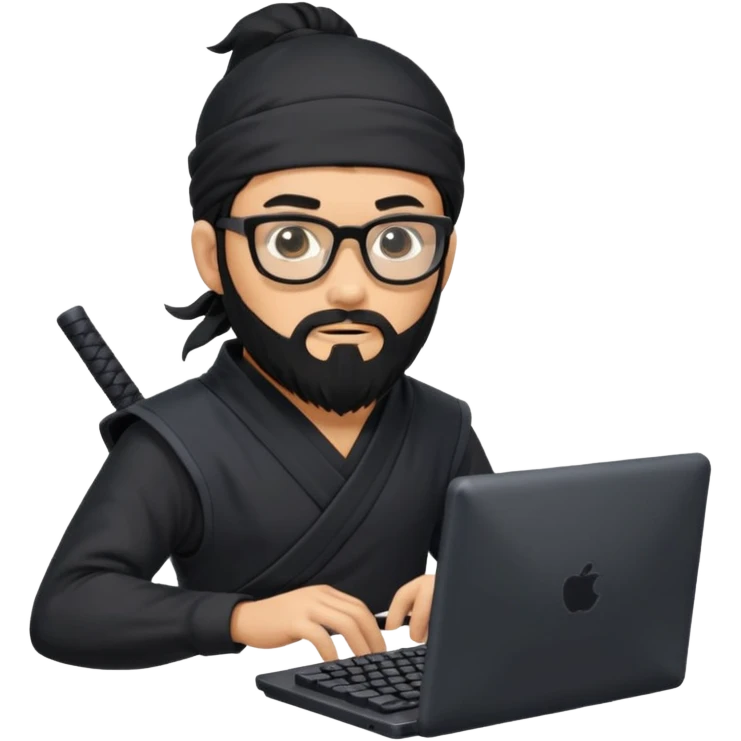 Man with black hair and beard wearing glasses in a ninja costume. Keep the top left version, make the beard longer and replace the sword on his back with a computer keyboard  emoji