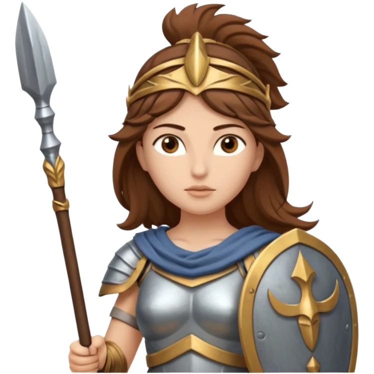 brown haired Athena the Greek goddess of disciplined, strategic warfare, calm, commanding figure leading with intelligence not force. wears light armour carries a spear, symbolising protection precise judgement. strategy, not aggression, embodying clarity, foresight and decisive action. emoji