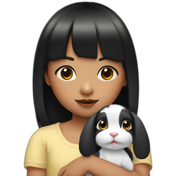 Little girl with black bangs holding rabbit emoji
