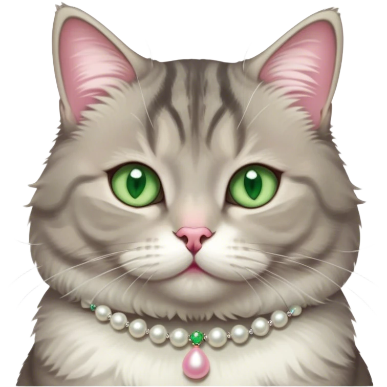 fluffy, slightly chubby, light grey tabby cat with green eyes, white tummy, and a pearl necklace  emoji