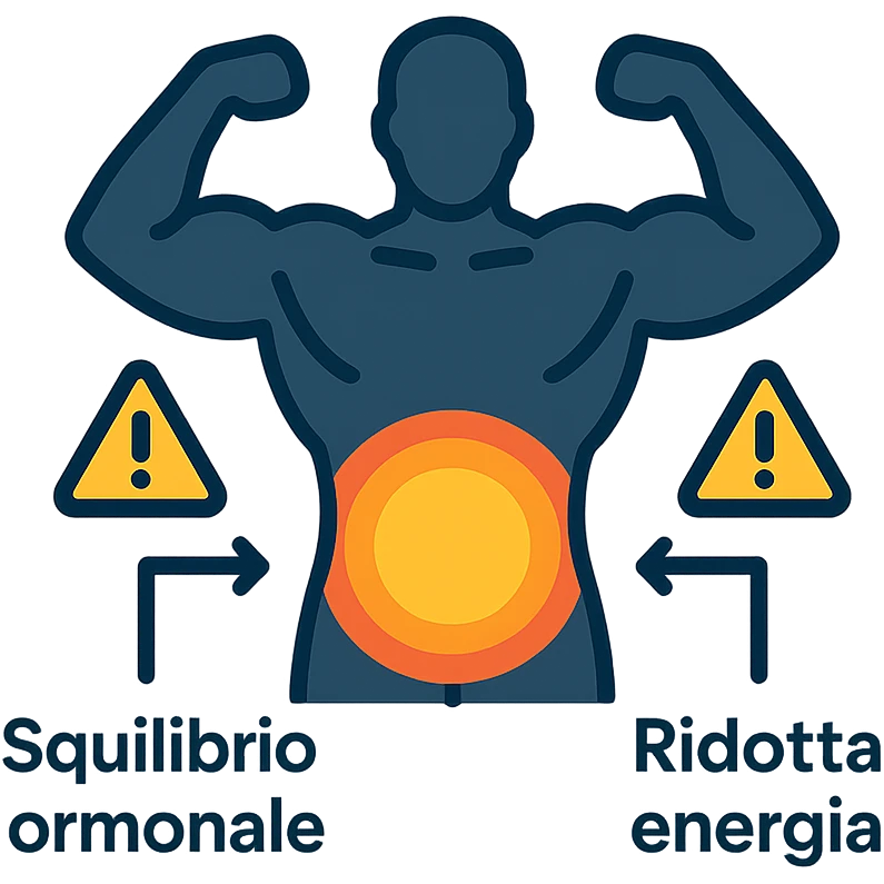 infografica in italiano, silhouette di bodybuilder con zona pelvica evidenziata da alone arancione, frecce che indicano Squilibrio ormonale e Ridotta energia, icone di attenzione, stile educativo, sfondo bianco emoji