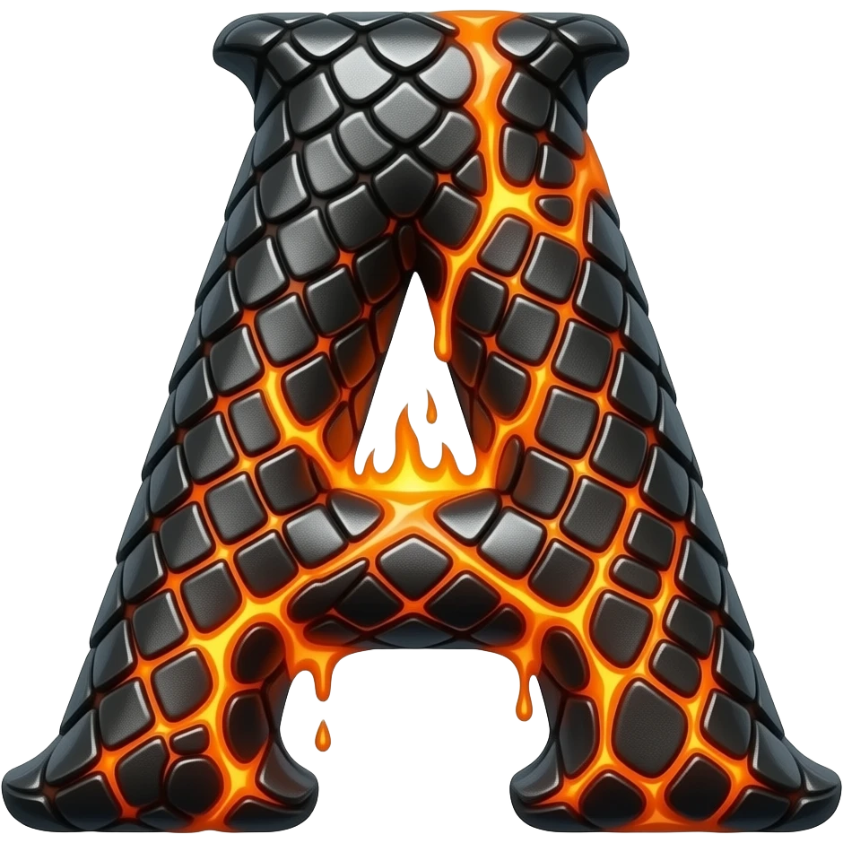 A heavy obsidian letter 'A' with molten lava flowing through engraved draconic scales. Emitting orange embers and heat distortion. Dark fantasy aesthetic, metallic texture, dramatic shadows emoji