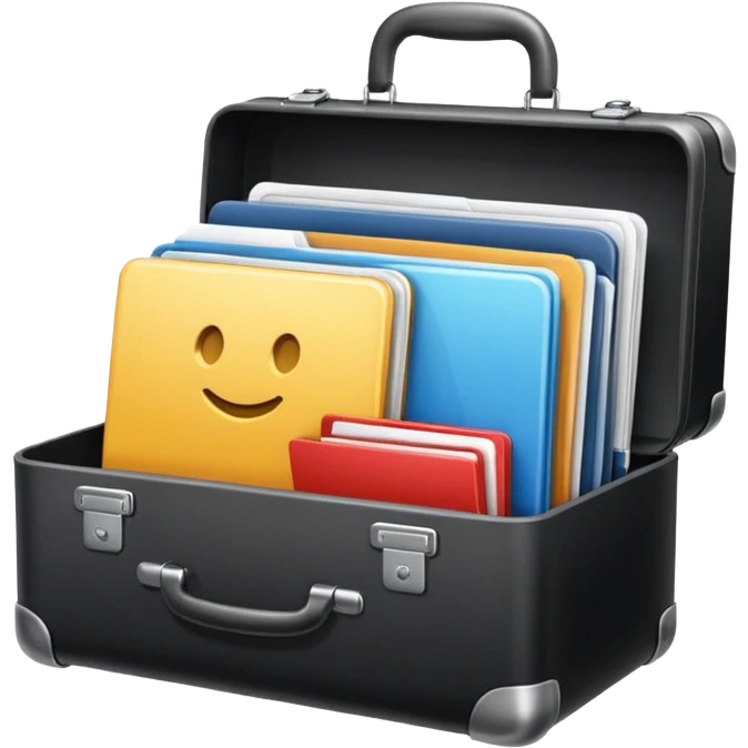 business suitcase filled with icons for CRM, tasks, chat, and documents, unified productivity platform, clean modern emoji style emoji